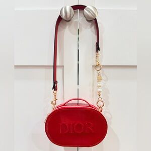 Dior Beauty Red Makeup Case Crossbody with faux pearl and novelty Dior Charm
